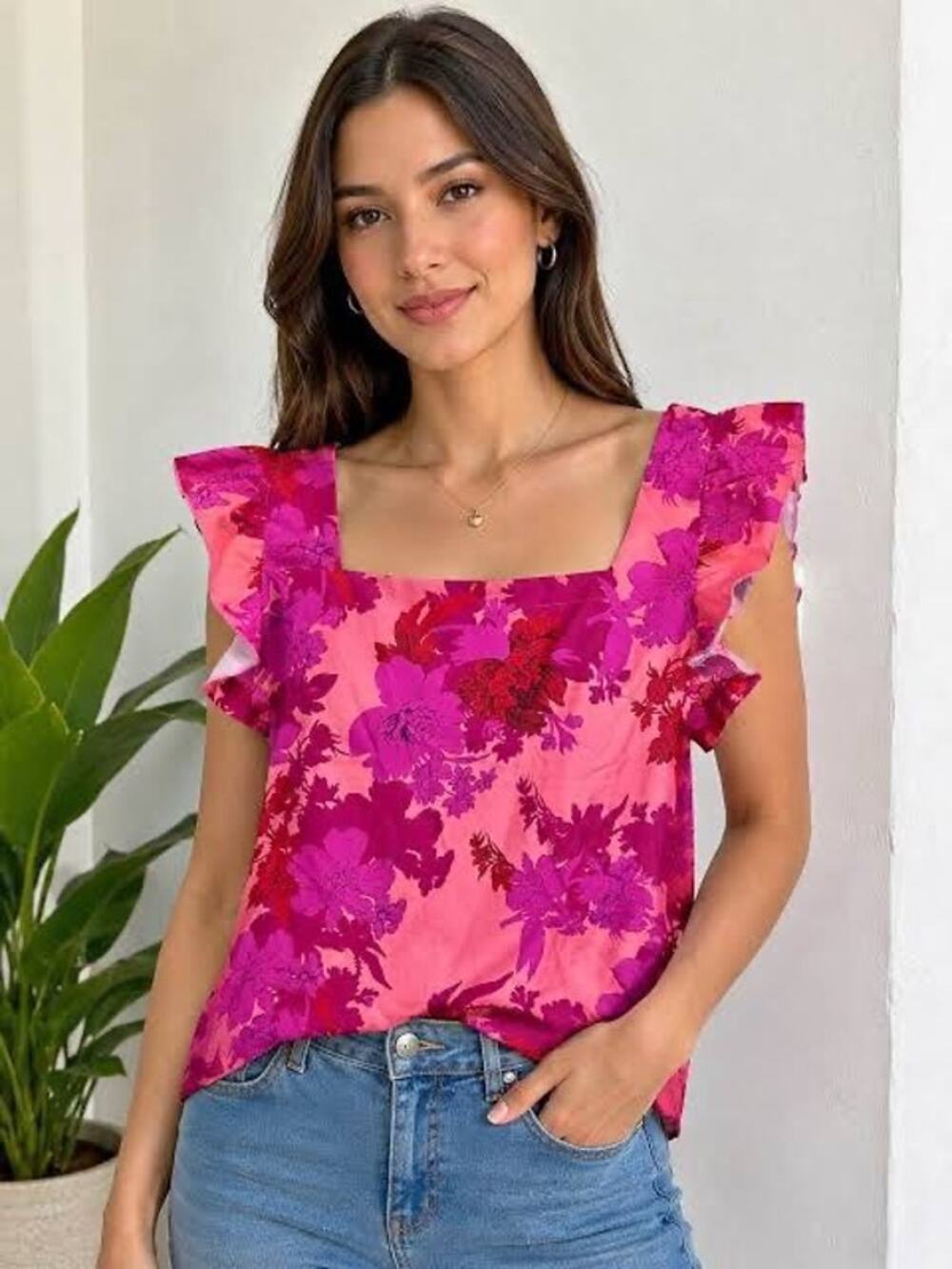 Shein Pink Floral Sleeveless Square Neck Top Large